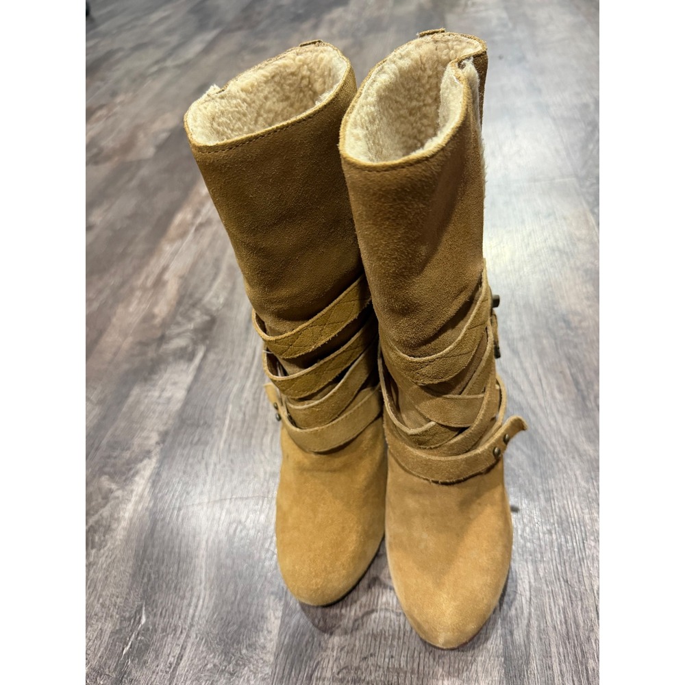 Tan Suede Faux Shearling Lined Mid Calf Buckle Strap Boots Wooden Cone Heel